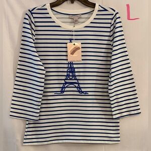 Carolyn Taylor White and Blue Striped Long-Sleeve Tee with Eiffel Tower Graphic